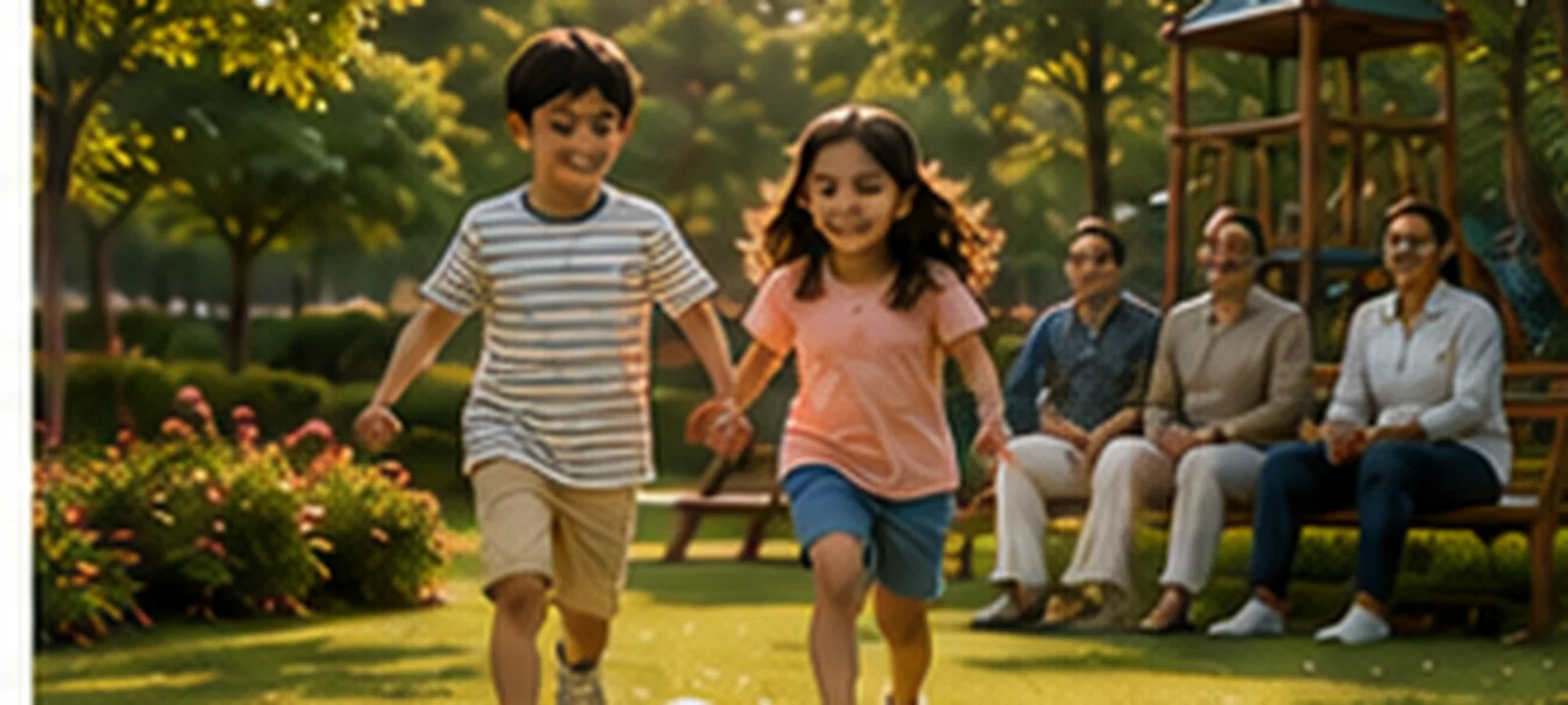 Children playing outdoors with family nearby in the Mangeshi Universe gardens, representing Sahi Bachpan