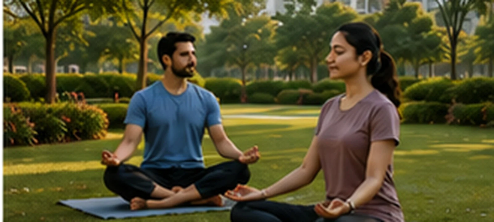 A couple practising yoga together in the Mangeshi Universe gardens, representing Sahi Balance