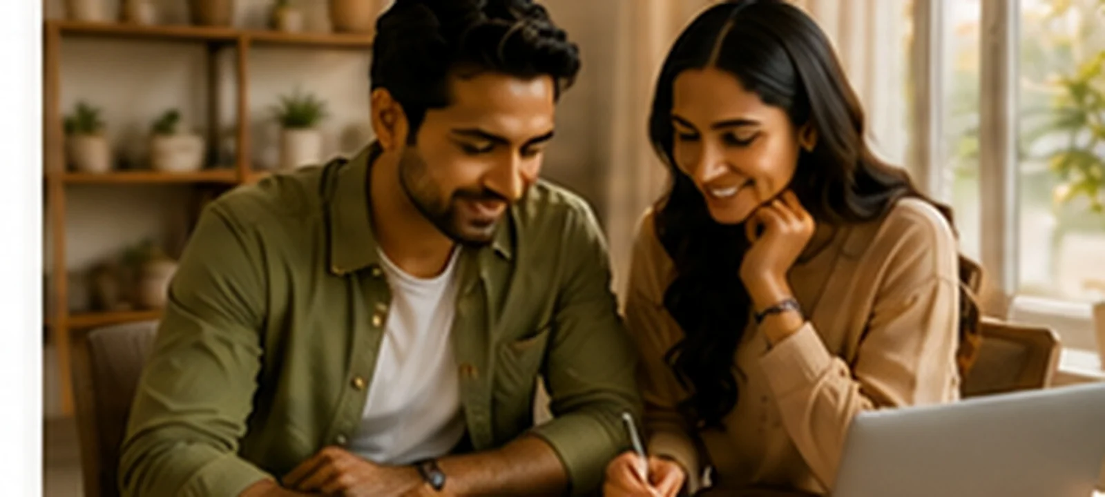 A couple reviewing home loan and EMI plans together at home, representing Sahi EMI