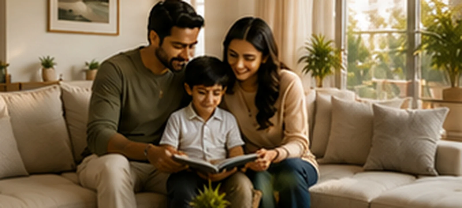 A family relaxing together in their living room, representing Sahi Ghar