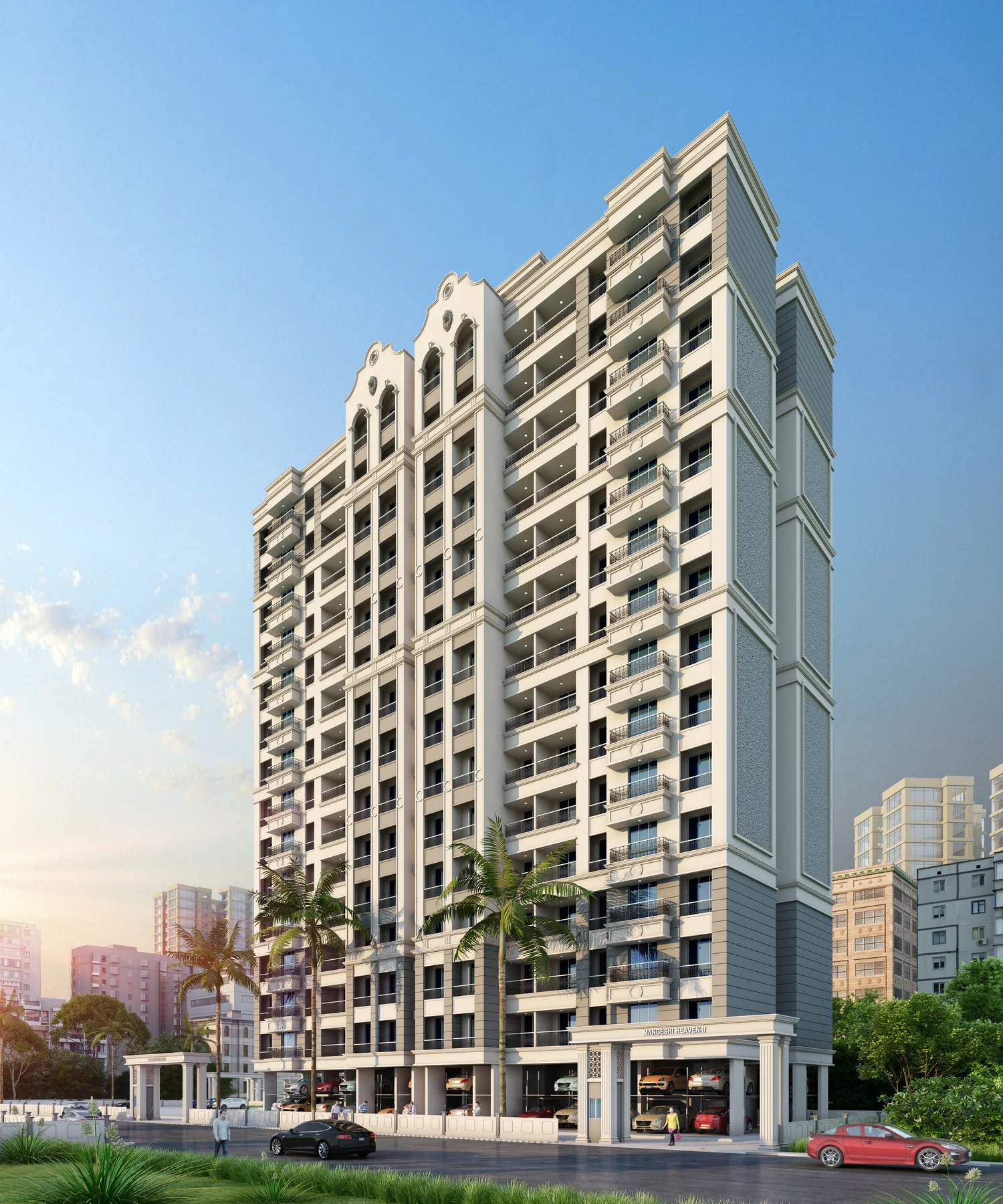 Original architectural golden-hour elevation render of Mangeshi Heaven II